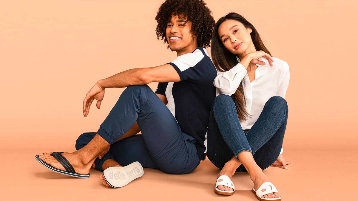 Two models wear Della terra sustainable shoes
