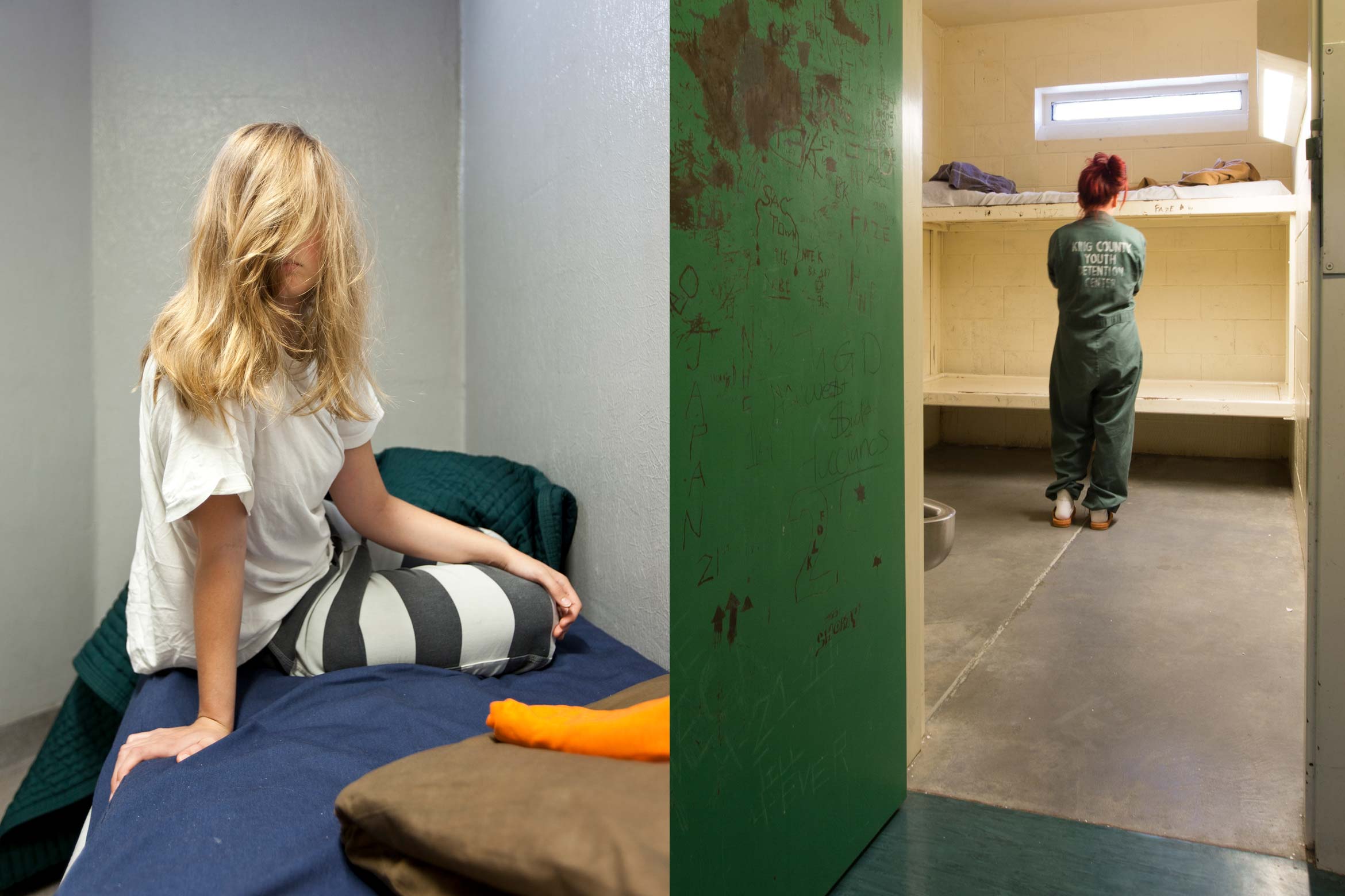 two photos of girls in juvenile detention