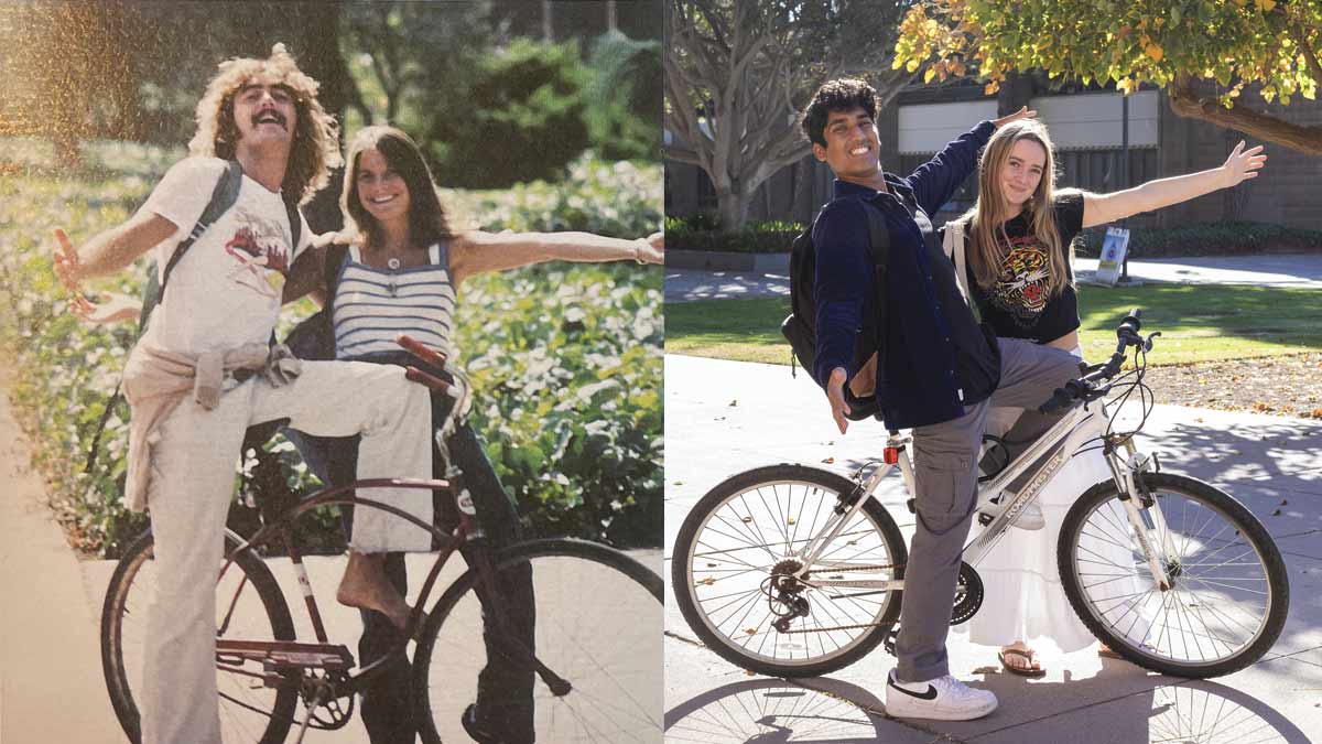 students posing with bikes in 1980 and today