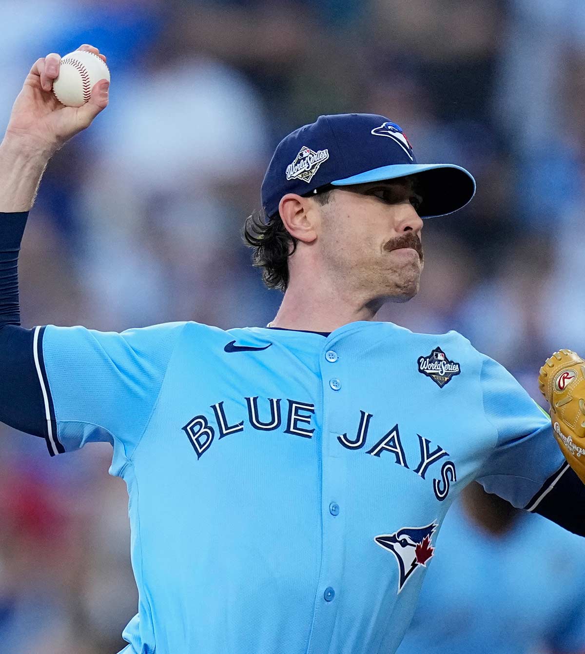Shane Bieber pitching for the Toronto Blue Jays in the American League Championship