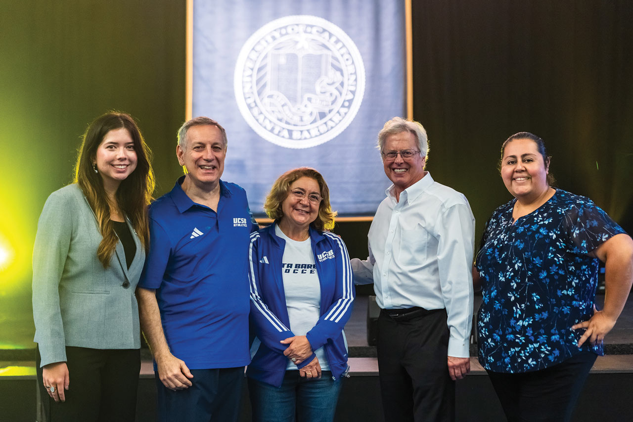 The platform party at the spirit rally consisting of the AS President, Chancellor Assanis and his wife Eleni, a UC Regent, and the director of admissions