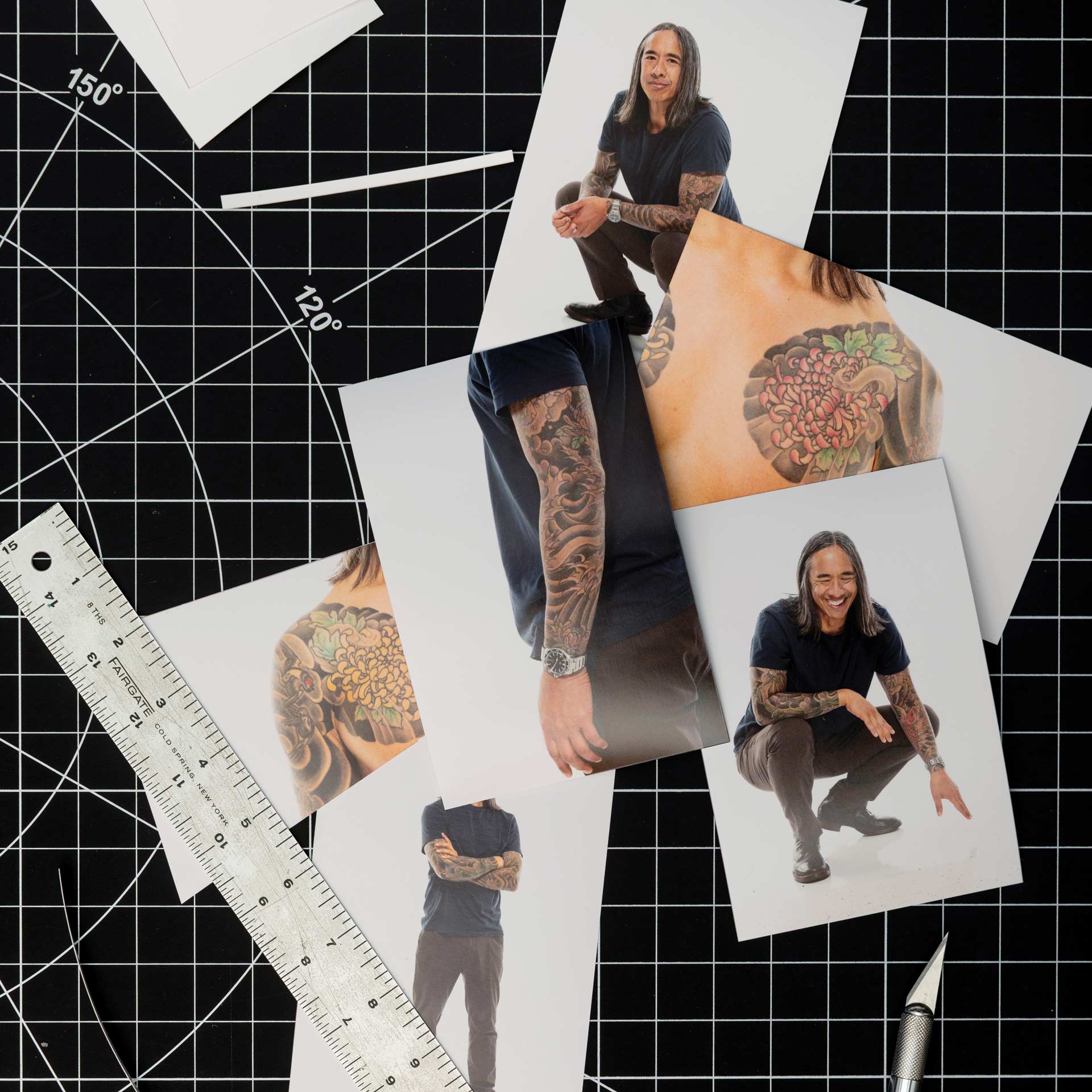A collage of different photos of Kip Fullbeck laid out on a cutting mat with ruler and knife