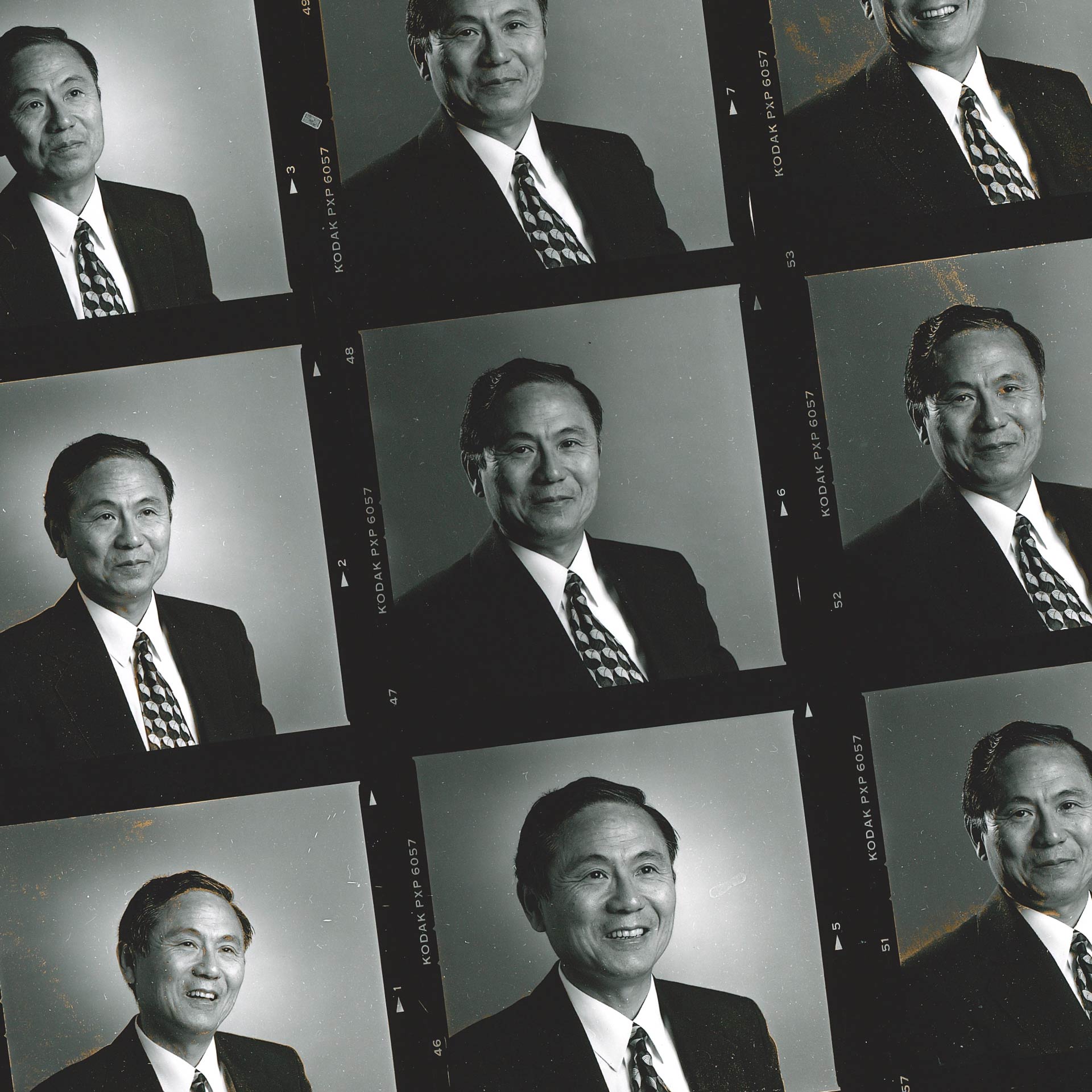 black and white contact sheet of photos of Chancellor Yang