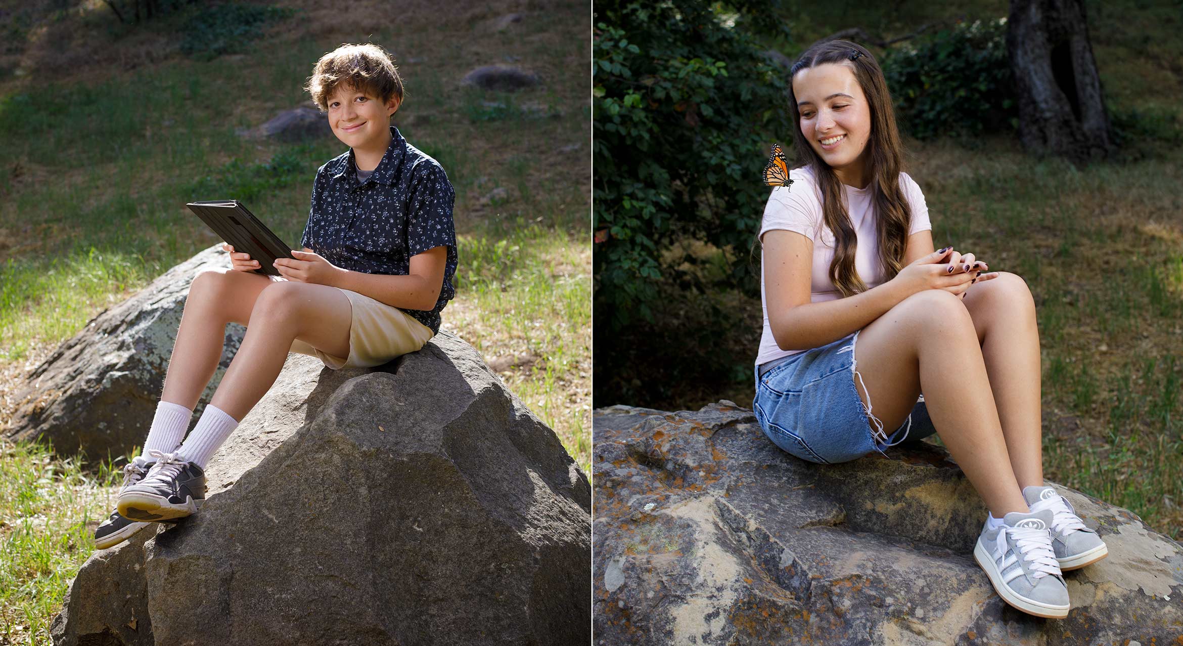 two kids sitting on rocks; one with tablet and one with butterfly